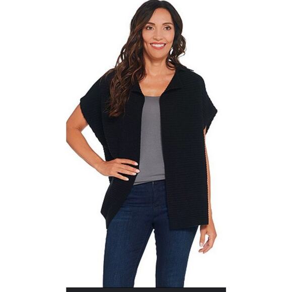 Womens Martha Stewart Wool Cashmere Blend Short Sleeve Ribbed Cardigan Black L - Picture 1 of 5